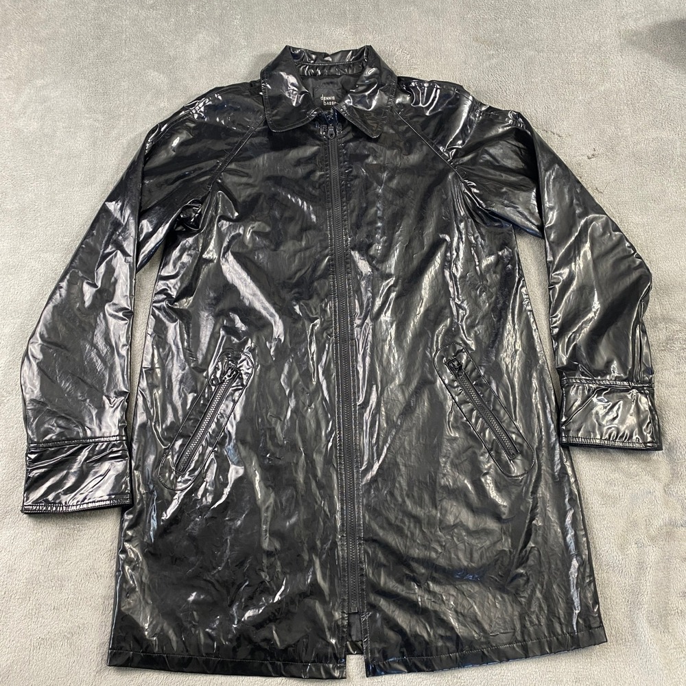 Dennis Basso Trench Coat Womens S Black Patent Zip Front Glossy Rain Jacket VTG